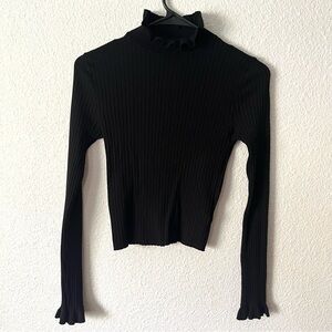 H&M Black Ribbed Jersey Knit Cropped Sweater High Ruffle Neck Sz XS
